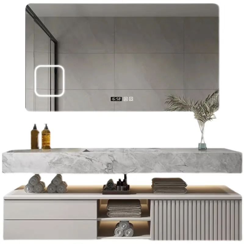 

Wooden vanity and sink set, wall floating bathroom furniture with mirror and drawers