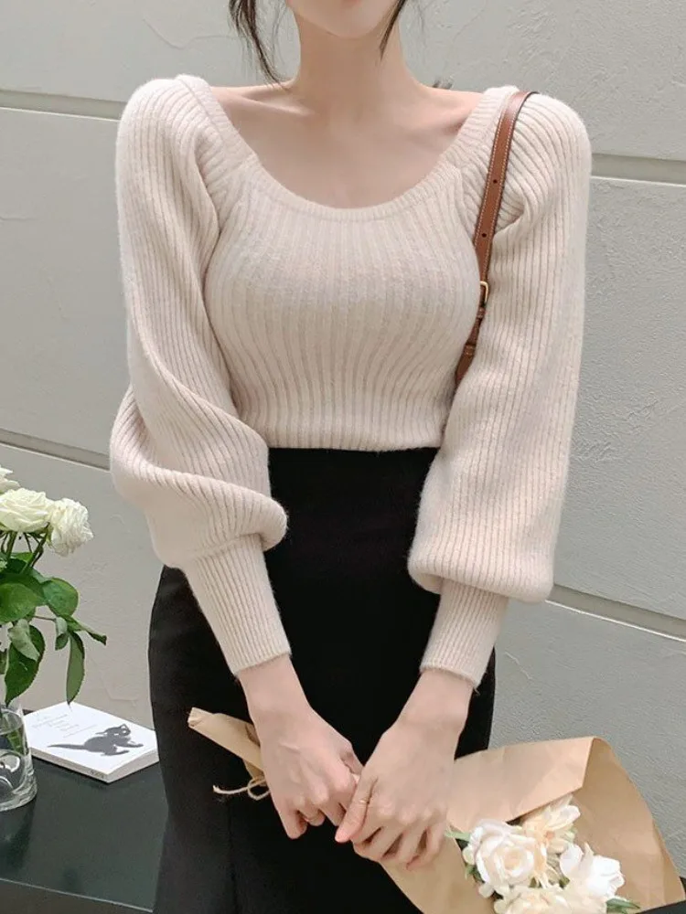 

Шикарный весенний новый женский вязаный длинный све-фонарь Све с квадратным воротником Pure Desire, сексуальный свитер в Корейском стиле с застежкой на талии