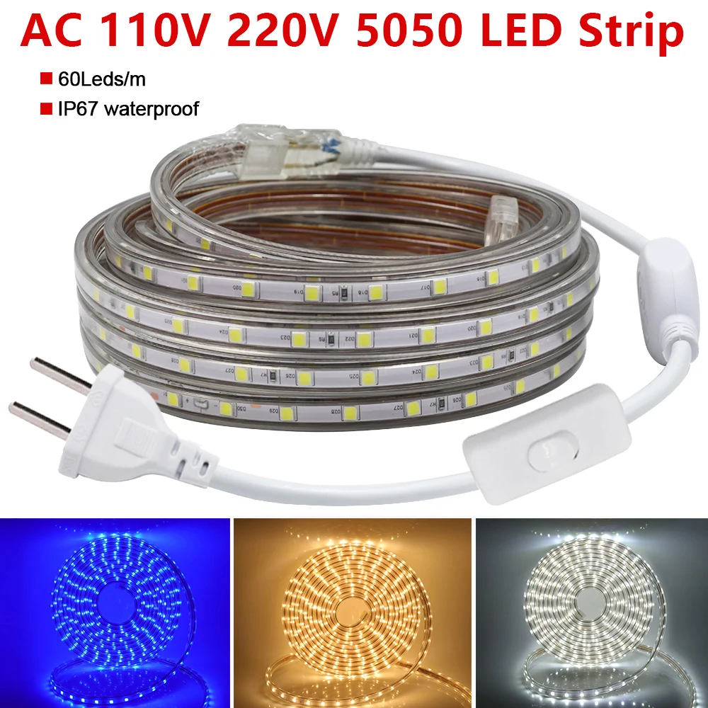 

110V 220V LED Strip 5050 60LEDs/m Flexible LED Light With Switch EU/UK/US Plug Waterproof Tape Room Decor White Warm White Blue