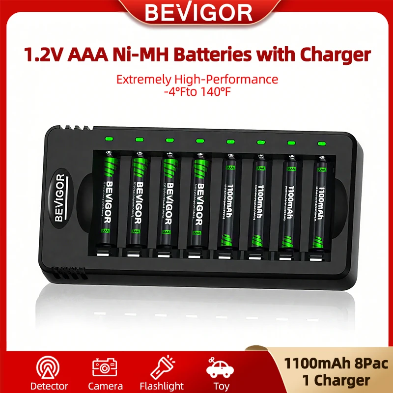 

BEVIGOR Rechargeable Batteries with 8 Bay Smart Charger 8 Pack AAA 1100mAh Low Self Discharge NiMH Battery Independent Slot