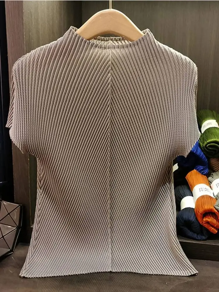 Dragon Stand Collar Scale Pleated T-shirt High-end Versatile Slimming Short Sleeved Women's Summer Pullover Tops 2NNRZ