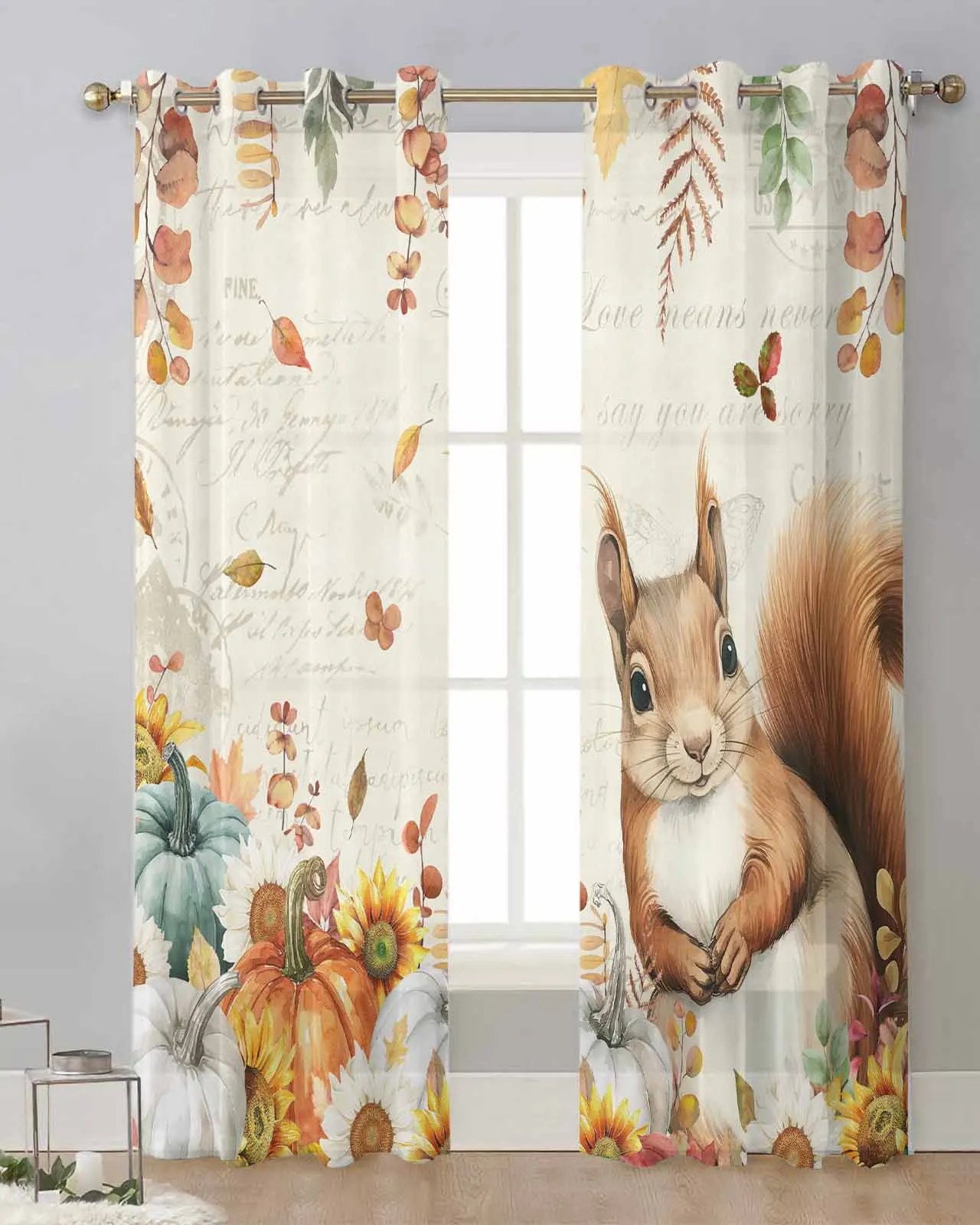 Thanksgiving Eucalyptus Pumpkin Sunflower Squirrel Voile Curtain Window Treatment Drapes for Living Room Tulle Sheer Curtains