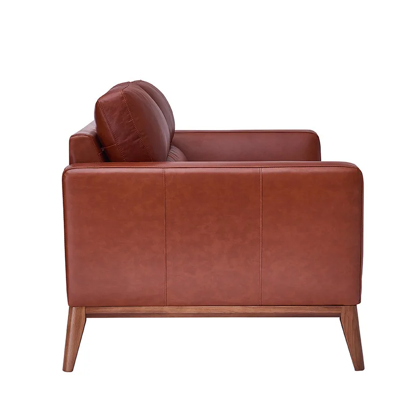 leather sofa, first layer cowhide, Italian minimalism, small apartment in the living room, three people in a straight row