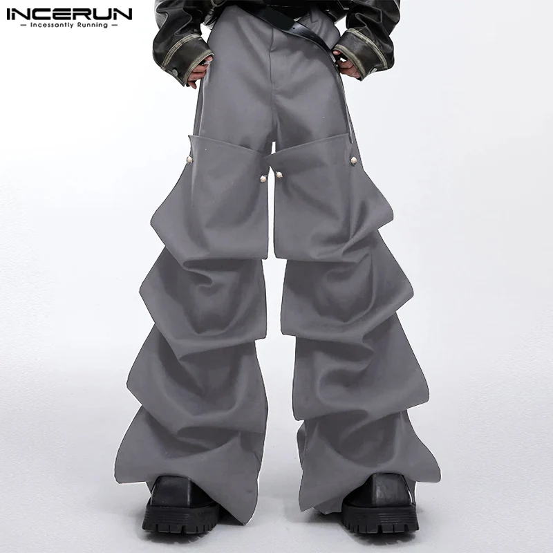 2024 Men Irregular Pants Solid Color Joggers Button Straight Trousers Men Streetwear Loose Fashion Casual Long Pants INCERUN