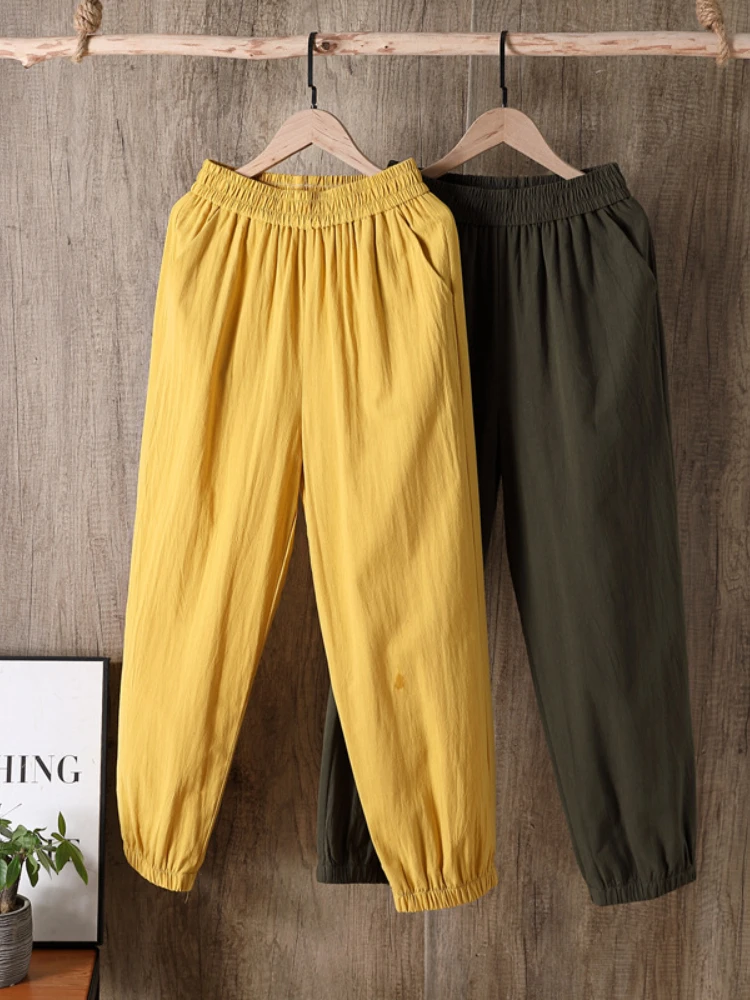 2023 Spring Summer Casual Cotton Linen Pants Women Elastic Waist Solid Pockets Retro Loose Women's Harem Pants Trousers Bottoms