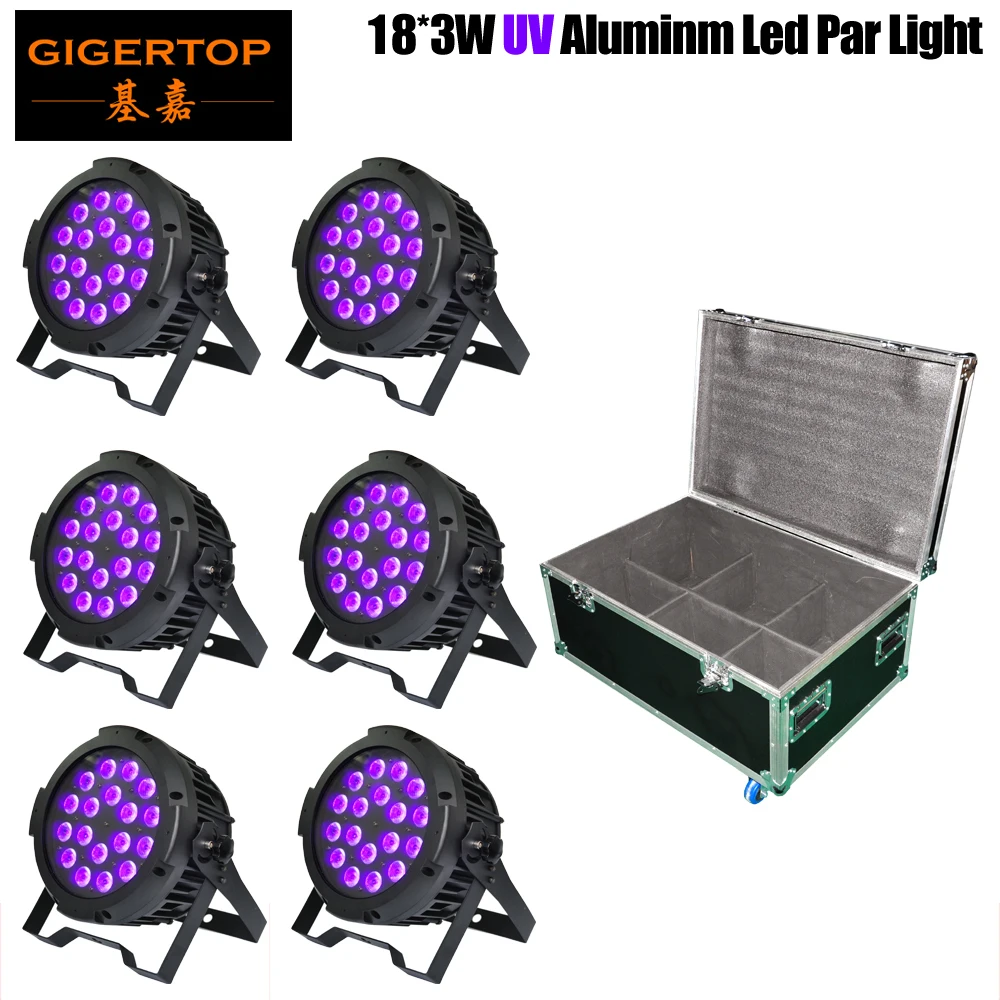 

6IN1 Flightcase Pack 18x3W True Power Tyanshine UV Ultraviolet Silent Led Par 64 Cans Casting Aluminum Housing 2 DMX Channels