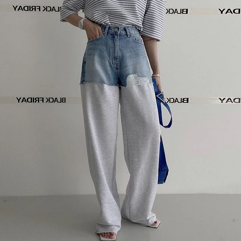 SuperAen Korean CHIC Spring Niche Vintage High Waist Ripped Edge Contrast Panel Design Wide Leg Jeans Women