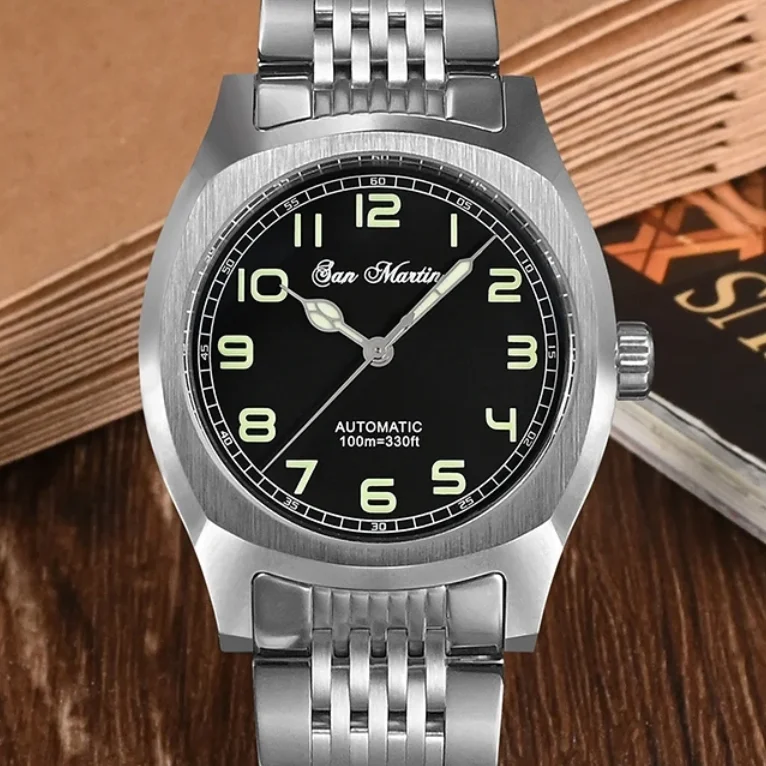 San Martin Men Automatic Watch Pilot 38mm Square Mechanical Wristwatch Sapphire Mirror 10ATM Waterproof C3 Luminous PT5000/SW200
