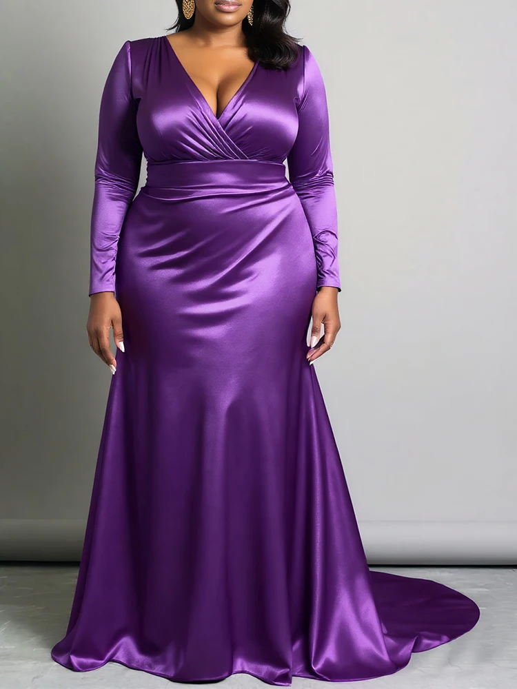 Robe grande taille pour femmes, Sexy, col en v, manches longues, froncée, soirée, Cocktail, Maxi, robe d'invitées de mariage