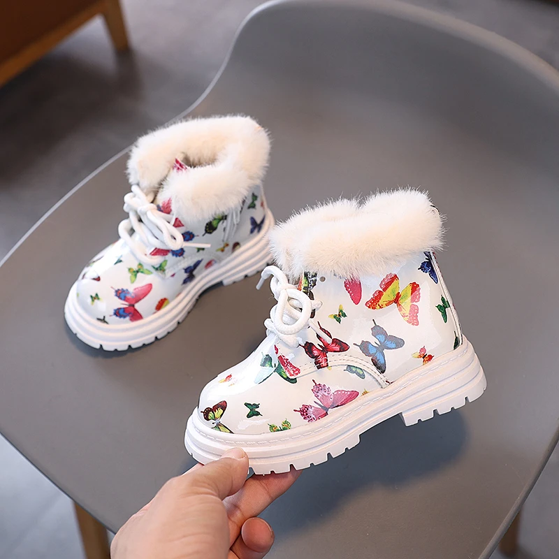 Girl\'s Winter Boots Fluffy Chunky Three Colors Butterfly Kids Short Boot Beautiful Flexiable Warm Lovely Children Shoes 21-30