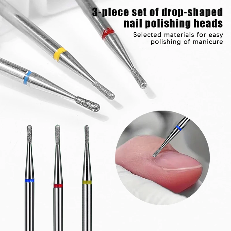 3Pcs/Set Nail Drill Bits Tear Drop Shape Clean Grinding Head Corundum Tungsten Steel Electric Cuticle Detail Clean For Manicure