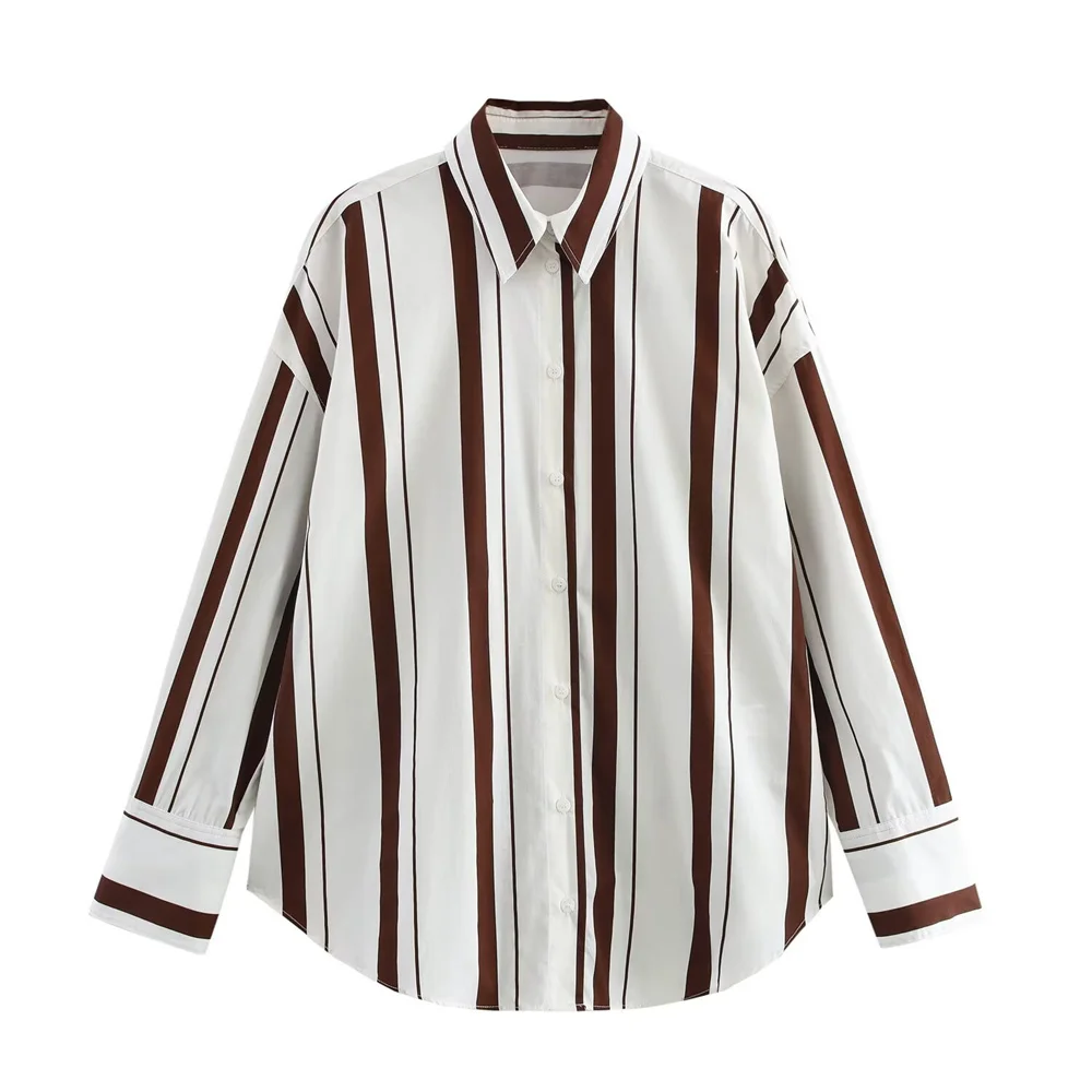 Spring and summer new product women's casual lapel buckle decoration vertical stripe poplin cotton long sleeved shirt