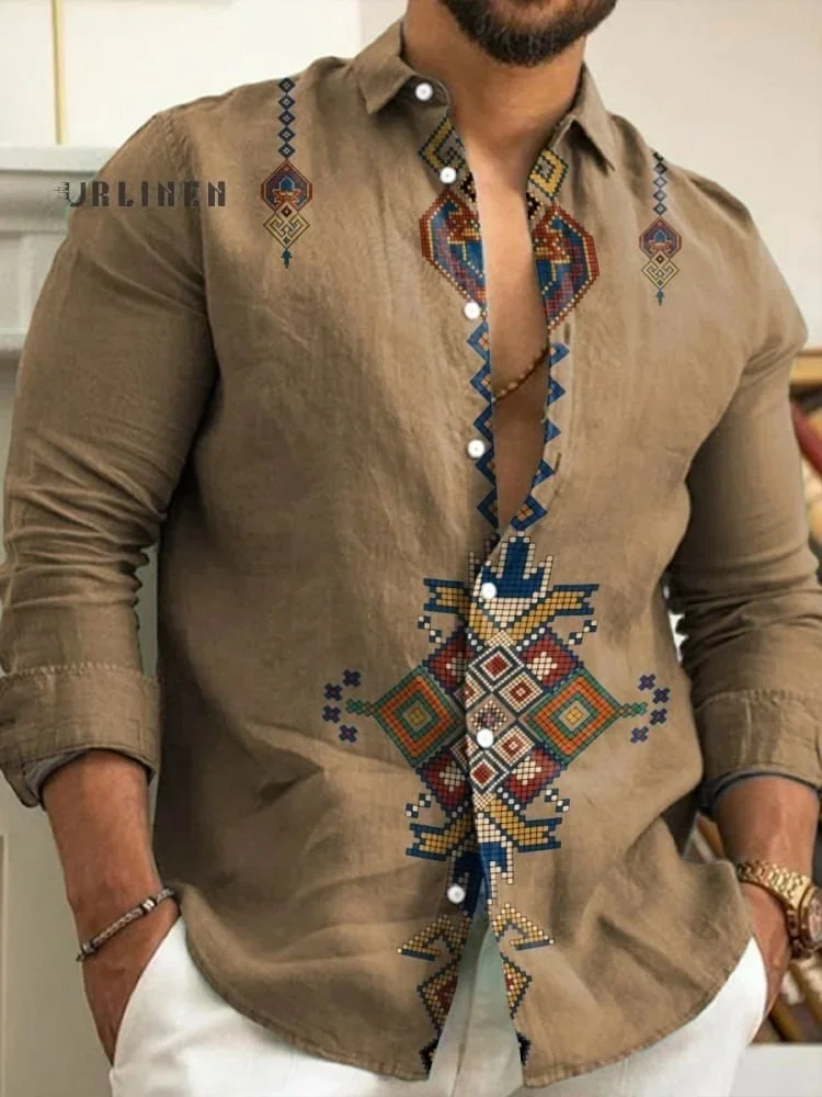 2025 秋の新メンズリネンファッションシャツプリント竹麻長袖シャツメンズストリートアロハシャツ