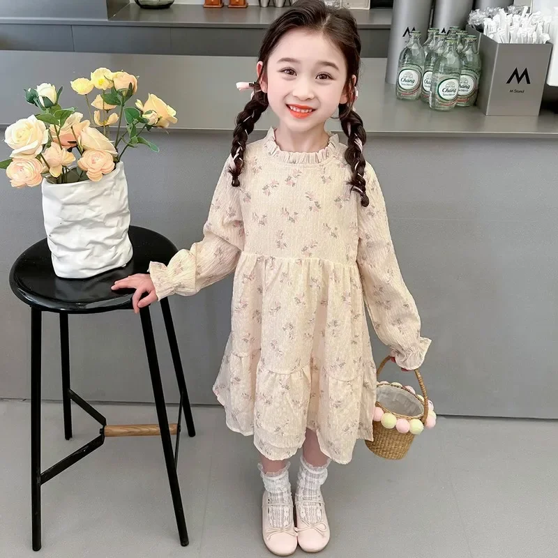 2024 Autumn New Women's Treasure Dress, Small Flower Chiffon Dress, Autumn Dress, Children's Children's Elegant Princess Dress