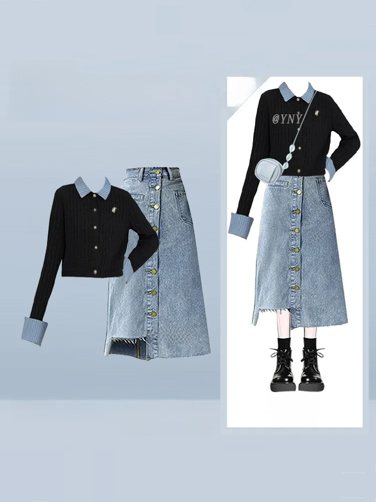 

Autumn Women's Faion Knitwear Top Loose College Sle Jeans Skirt Set Slimming Effect Casual Wear Versatile Ensemble