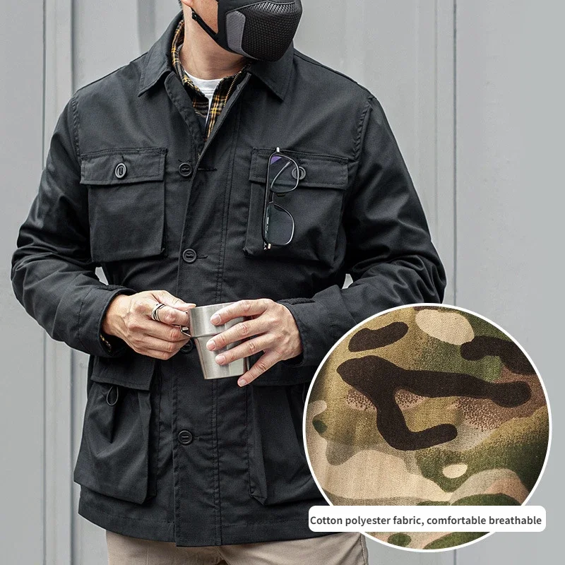 Men's Outdoor Military Tactical Windbreaker Multiple Pockets Single Breasted Lapel Jacket Men's Sports Wear-resistant Coat Ropa