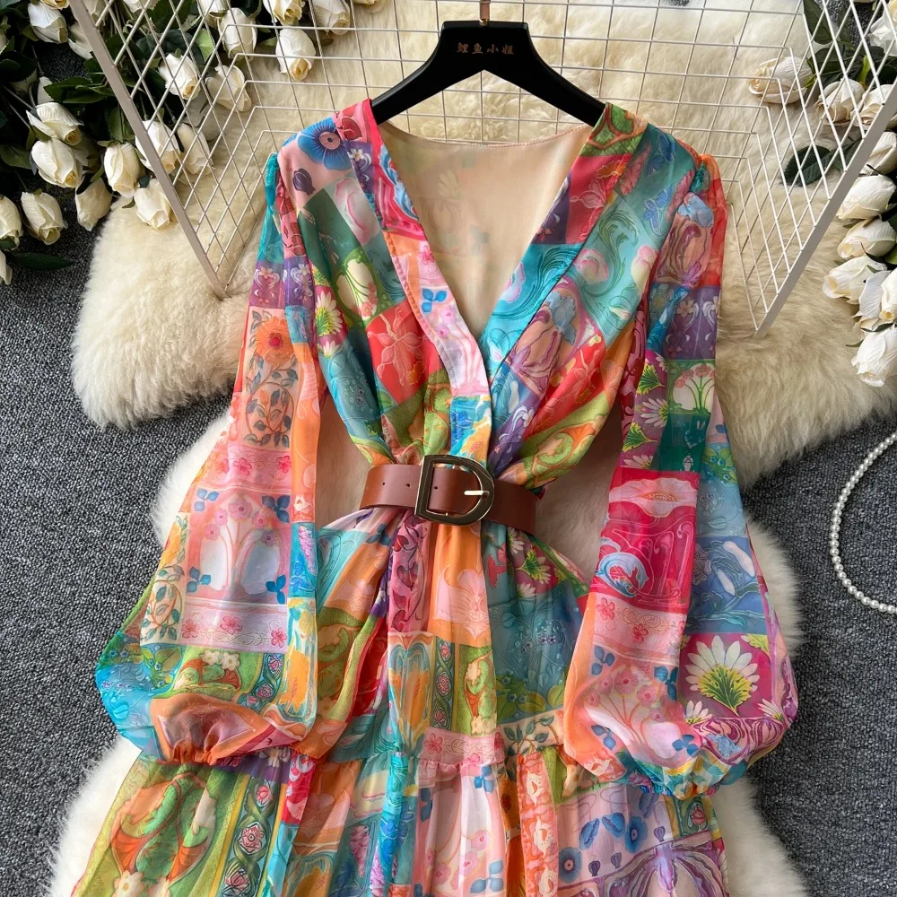 Retro v neck Lantern Sleeve ruffle chiffon Elegant summer  Dress A-line Flare Sleeve Vacation print Women Vestidos dresses