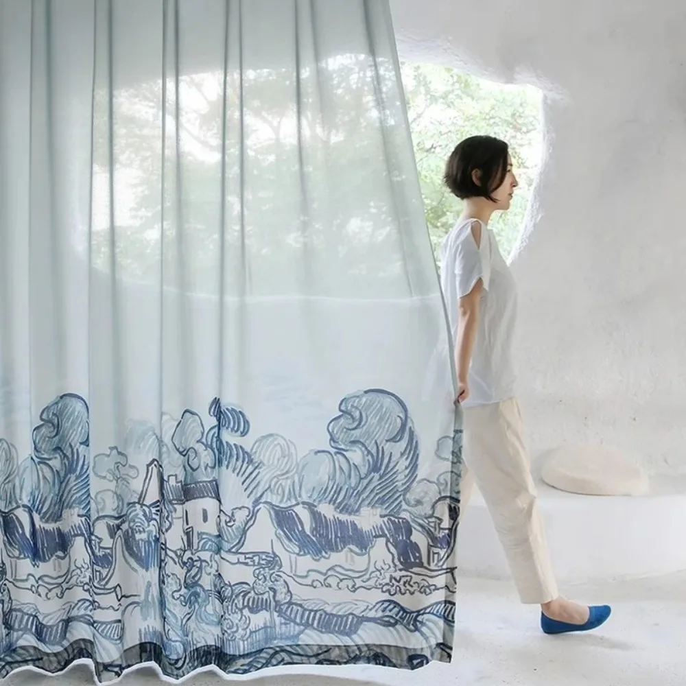 Nordic Simple French Velvet Printed Sheer Curtains for Living Room Bedroom New Van Gogh's River Design Tulle Window Drapes