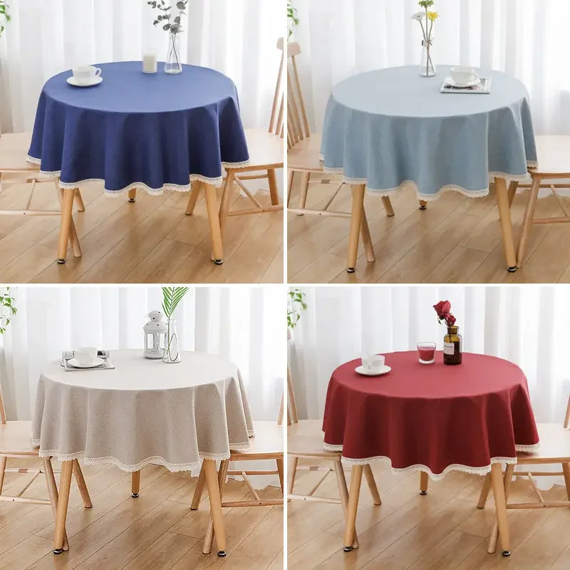 Thicken Linen Table Cloth, Monochromatic Lace, Decorative Tablecloth Dining Table Cover Coffee Table Retro Casual Diameter 140cm