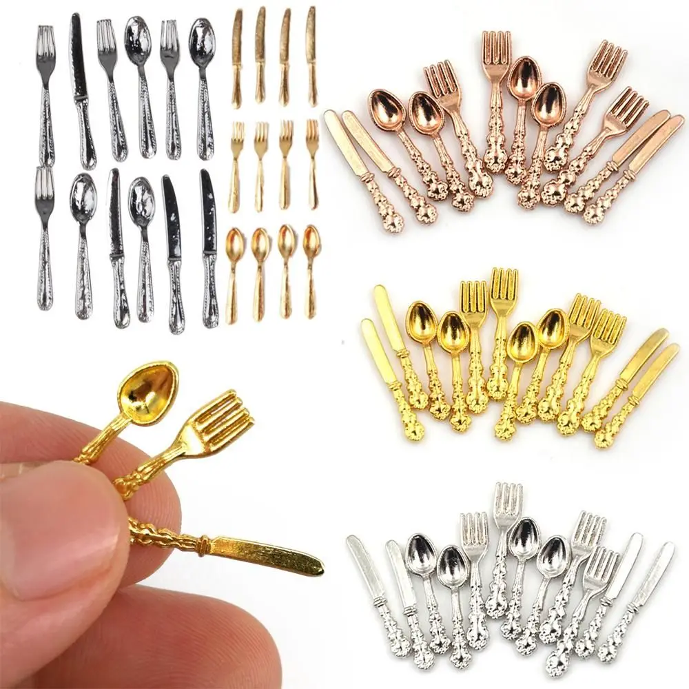 Mini cubiertos de juguete a escala 1:12, accesorios para muñecas, tenedor, cuchillo, cuchara, utensilios de cocina en miniatura, 12 piezas, oro y plata