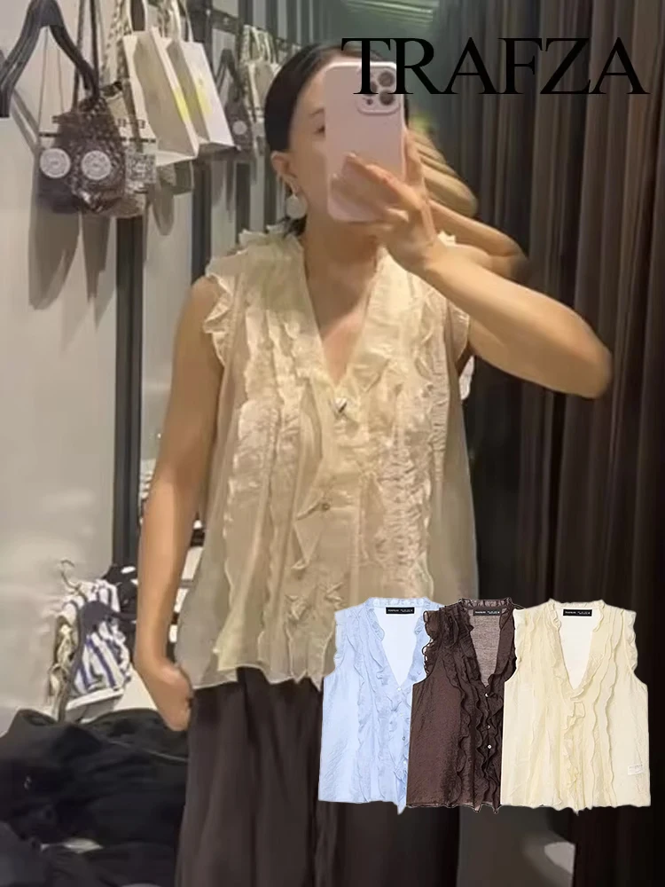 

TRAFZA Women Fashion Versatile Solid V-neck Laminated Decorative Sleeveless Top Female Temperament Thin 3-Color Casual Vest Top
