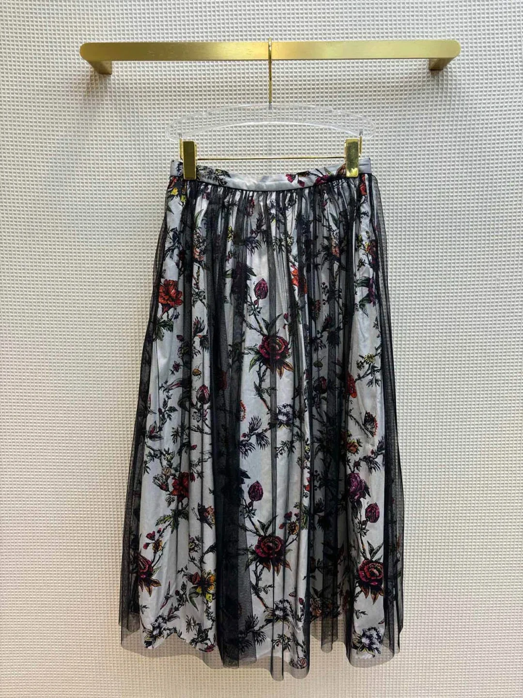 

2024 New Fashion Pleated Skirts Womens High Waist Mesh Patchwork Floral Print Pattern Sweet Maxi Long Skirt