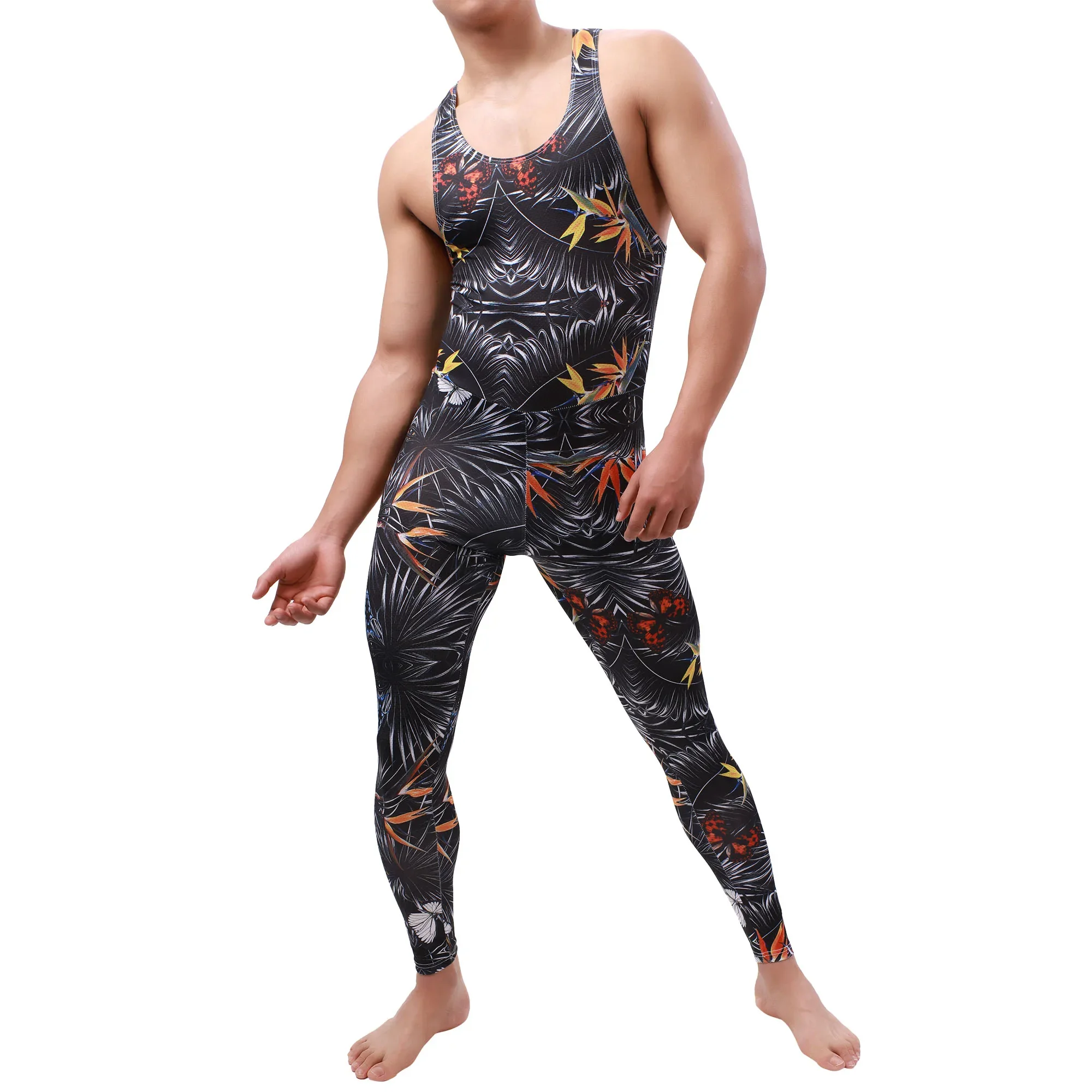 Men Sexy One Piece Underwear Bodysuits Pajamas Sleeveless Jumpsuits Printing Sleepwear Rompers Breathable Leotards Male Onesies