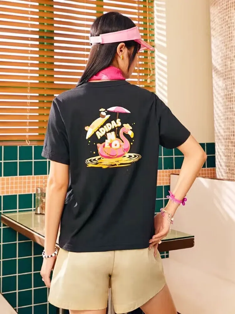 Adidas Women Black Fun Short - sleeve T - shirt, with a Featured Coconut - pattern Print. Made of Pure Cotton
