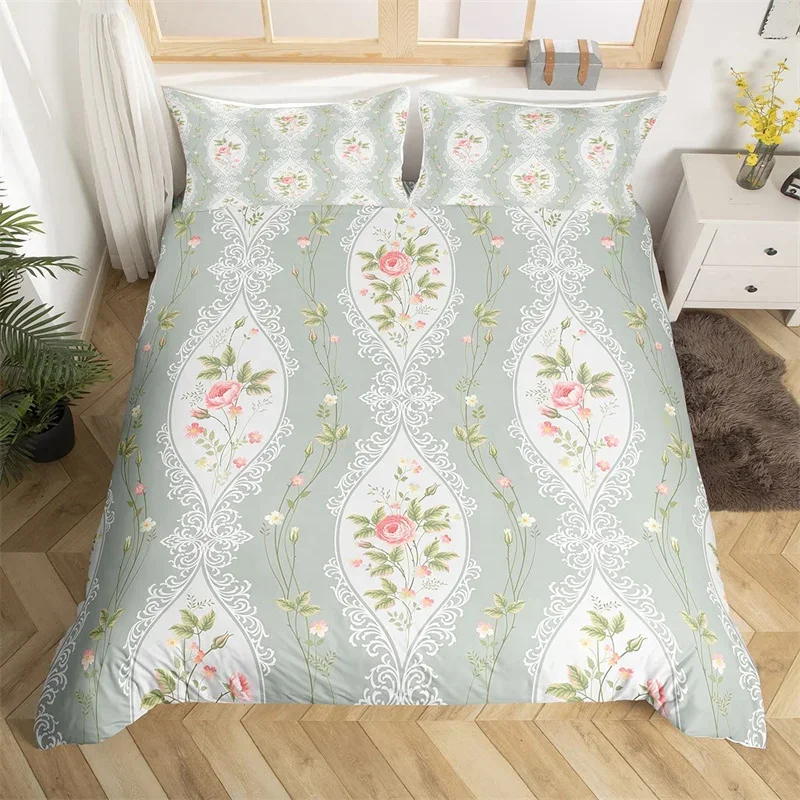 Floral Duvet Cover King Queen Exotic Flowers Bedding Set Romantic Theme Comforter Cover Microfiber Plants Leaves Bedspread Cover