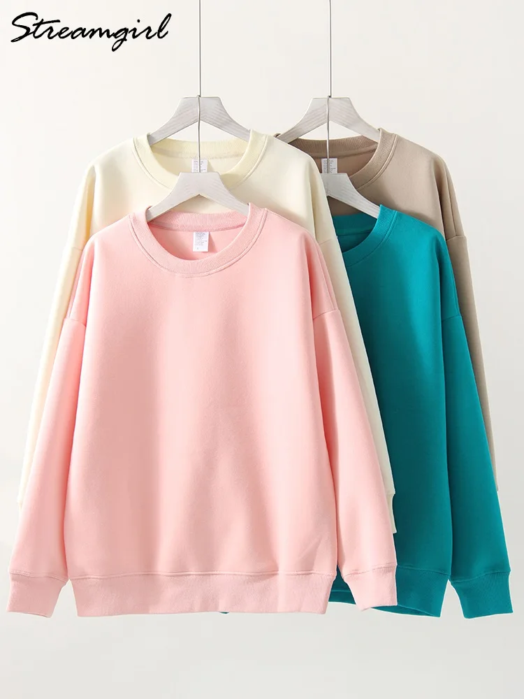 Streamgirl Women Sports Sweatshirts Oversize Autumn 2024 Basic Solid Cotton Pullovers Lady Thick Pink Oversized Sweatshirt Women