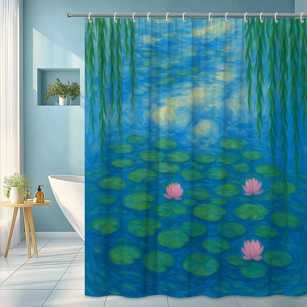 Elegant Blue Water Lily Pond Shower Curtain Set Bathroom Decor Nature Print Tropical Aquatic Scene Waterproof Printed Curtain fo