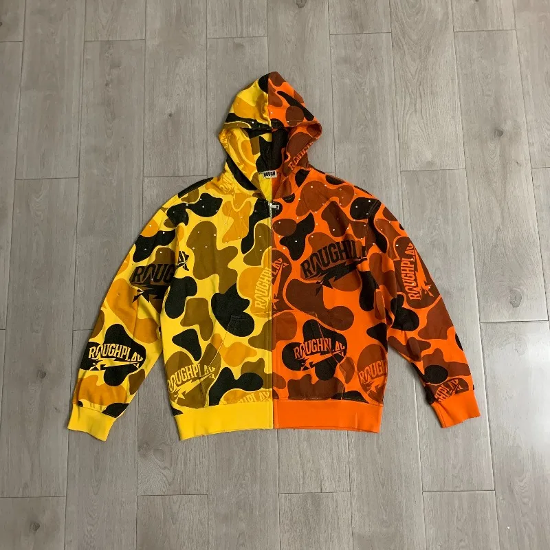 Full Printed Logo Rough Oversized Hoodies Men Women Color-blocking American Vintage Zipper Sweatshirts