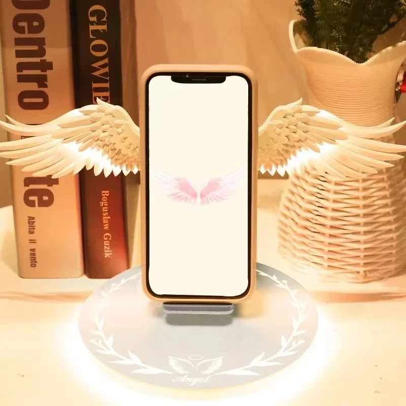 Angel Wings Qi Telefoon Snel Opladen 10W Draadloze Oplader Creatieve Beweegbare Vleugelvorm Met Ademhalingslicht En Muziekfunctie Cadeau