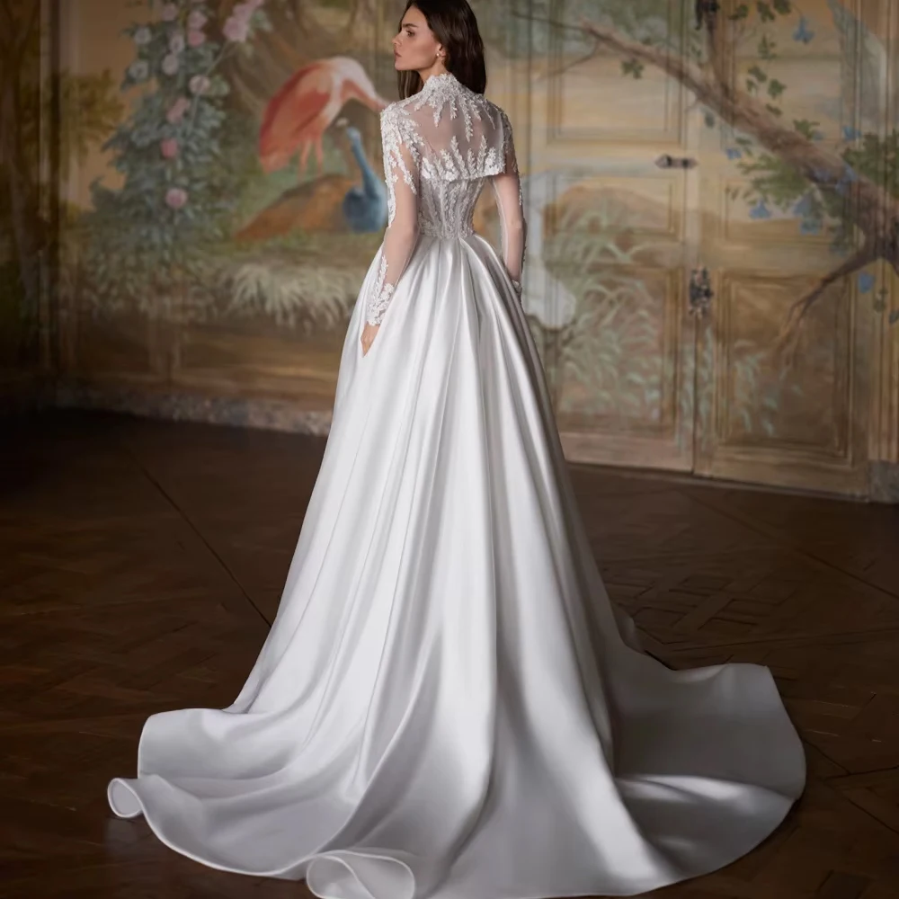 Customized Detachable Sleeve Glitter Appliques Wedding Dress Romantic Sweetheart Neck Bridal Gown Satin Long Dresses Bridal Gow