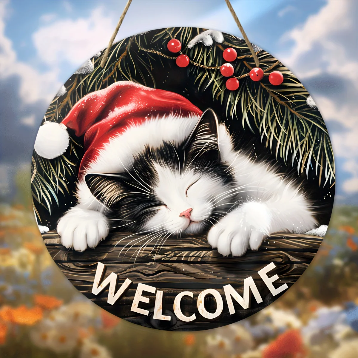 Christmas Welcome Sign - 20x20 cm, Wooden Round Hanging Decoration with Sleeping Cat Design, Perfect for Wreath Accents, New Ye