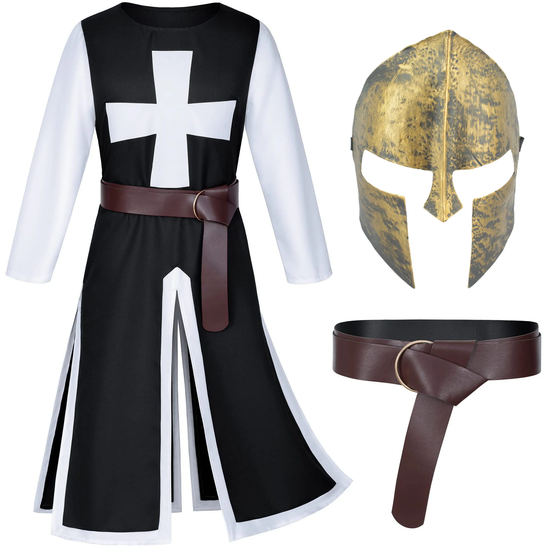 Medieval Renaissance Crusader Knight Tunic Templar Robe Halloween Cosplay Warrior Costume Mask Belt Set