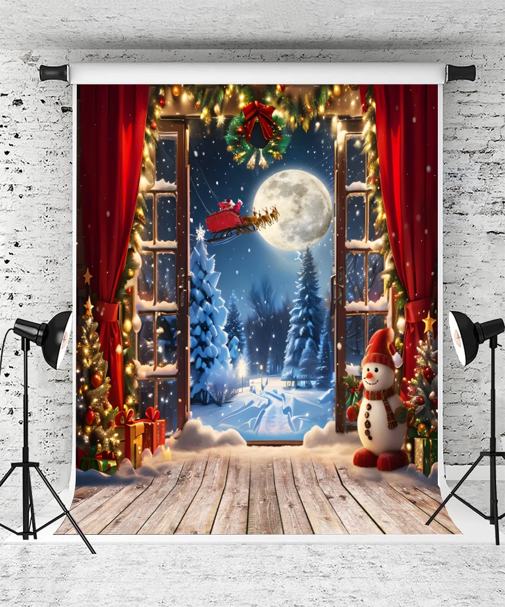 White Wood Floor Christmas Background for Photography Winter Snowy Night Snowman Xmas Tree Gift Fireplace Family Party Backdrop