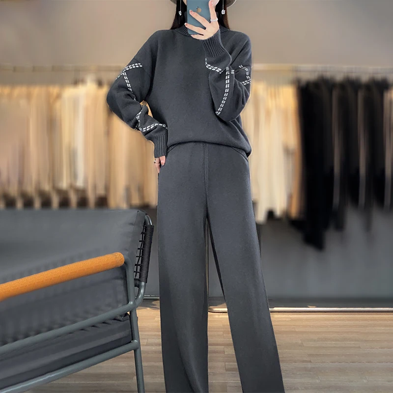 100%Pure Wool Gray Series Elements Women's winter Loose Casual Knitted High Collar Sweater Wide Leg Pants Fashion Two Piece Set