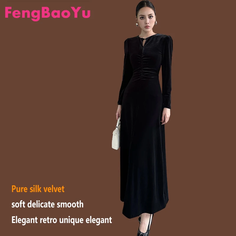 Silk Velvet Women's V-neck Dress Spring and Autumn Silkworm Silk High-end Temperament Long Skirt Smooth Glossy Women's Clothing