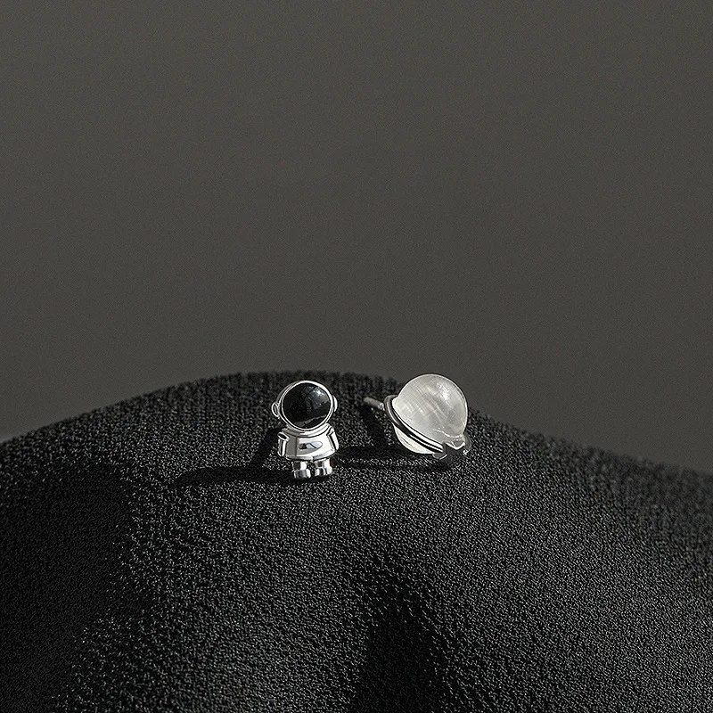 Silver-plate Asymmetric Cute Space Astronaut Planet Opal Stud Earrings for Women Silver Color Lovely Simple Ear Piercing Jewelry