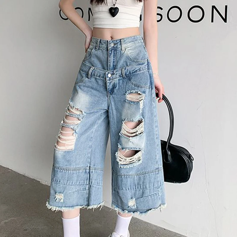

Vintage Fake Two-Piece Calf-Length Jeans High Waist Wide Leg Light Blue Denim Pants Holes Ripped Tassel Jeans