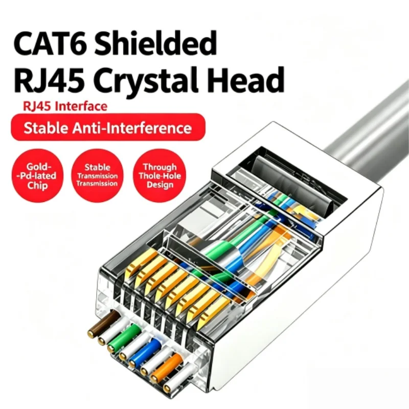 BAJEAL Gold-Plated Cat6 RJ45 Network Connector 8P8C Through-Hole Gigabit Shielded Network Cable Connector