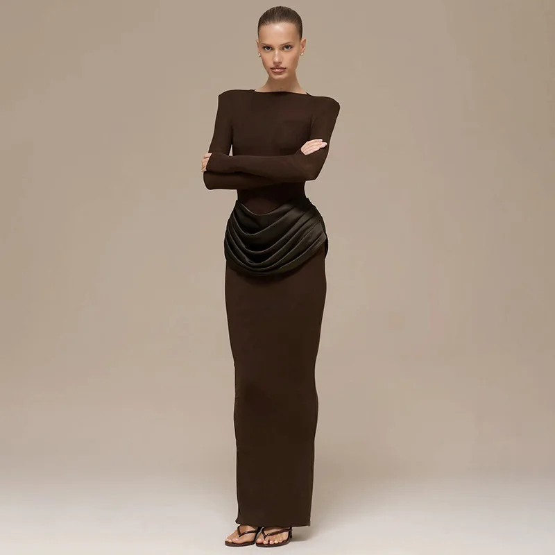 Gaun Maxi Klasik Wanita Musim Gugur Baru Lengan Panjang Kerah O Satin Sambungan Membentuk Tubuh Vestidos Mujer Gaun Pesta Malam Trendi