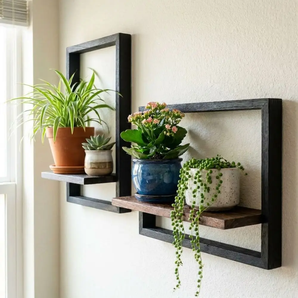 Wooden Wall Plant Shelf Vintage Strong Load-bearing Indoor Plant Stand Rustic Style Square Plant