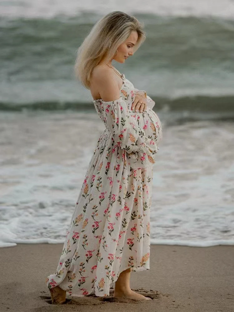 Baby Shower Abito premaman Servizio fotografico Abito lungo floreale a maniche lunghe Abito da gravidanza Fotografia da spiaggia Abiti amichevoli