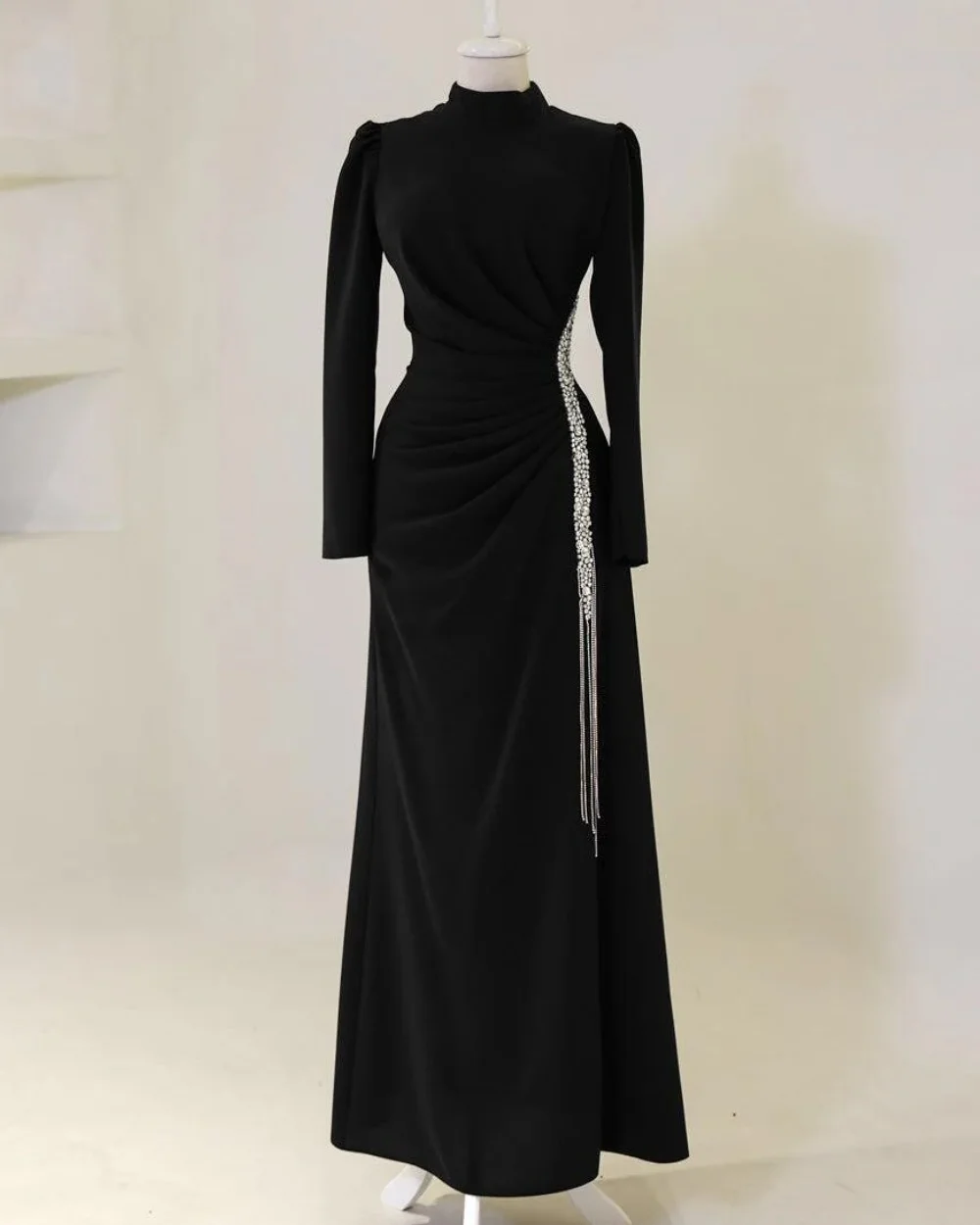 

Customized Exquisite Jersey Pleat Draped Rhinestone Tassel A-line High Collar Long Dresses Bespoke Occasion Dresses High Quality