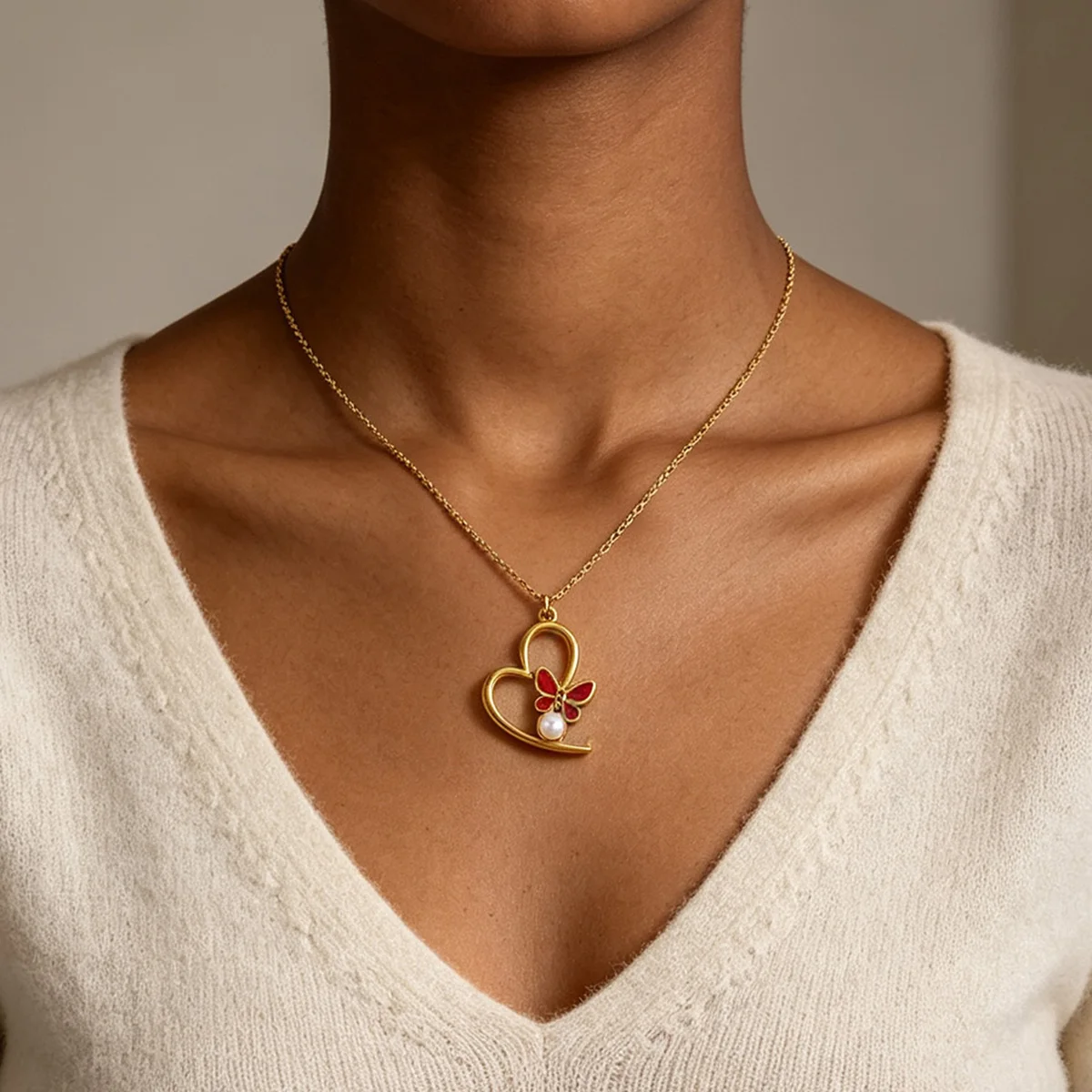 Stainless Steel Heart Pendant Necklace For Women Elegant Pearl  Pink Enamel Butterfly Necklace Female Wedding Jewelry Party Gift