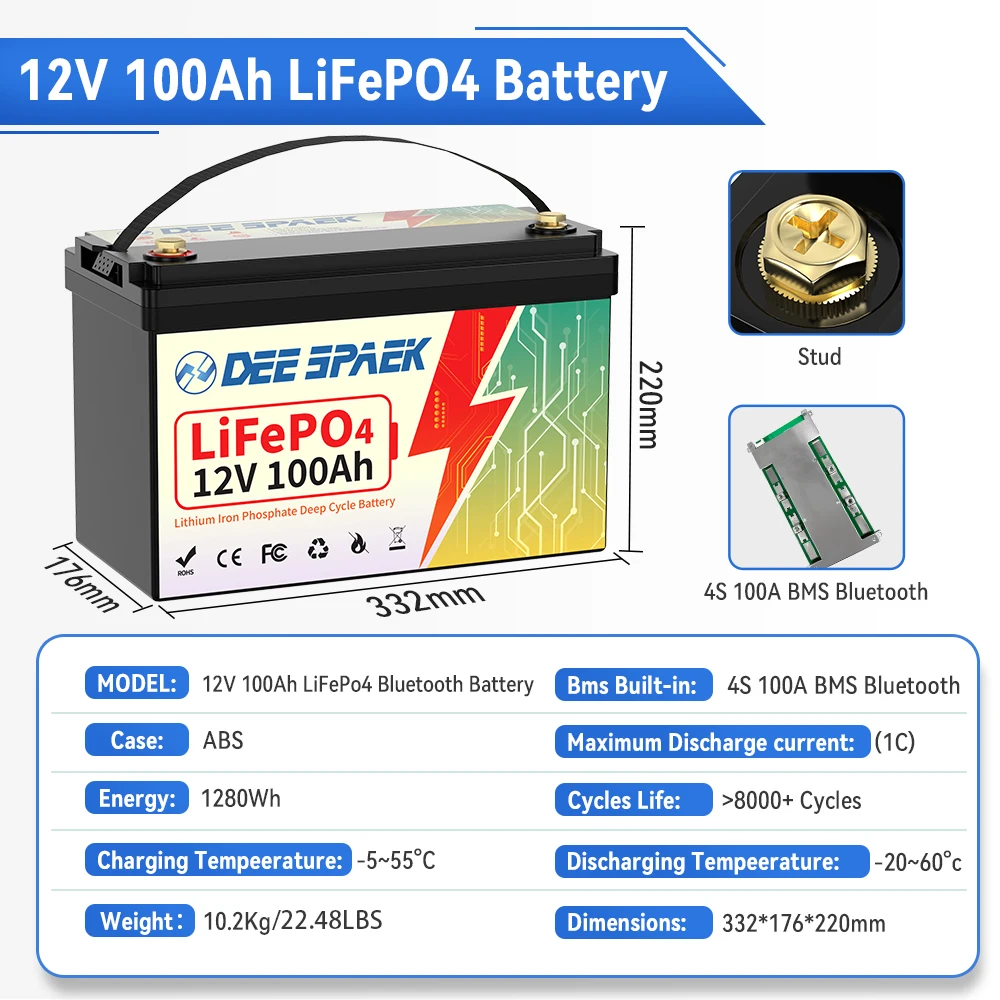 12V 100Ah LiFePO4 Battery Pack BMS 8000 Deep Cycles For RV Home Energy Golf Cart EV Lithium  Iron Phosphate Batteria EU US Stock