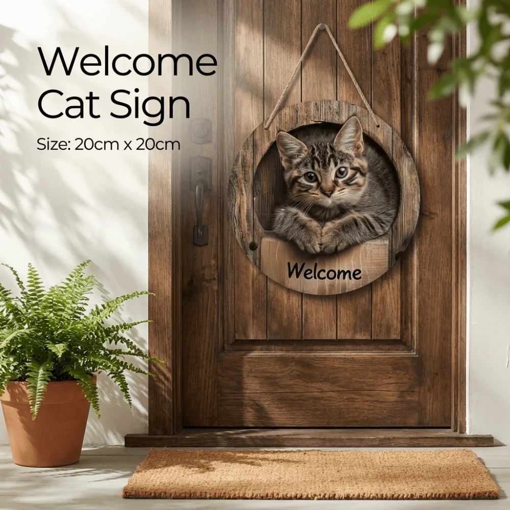 Retro 2D Flat Hanging Wooden Sign Round Magical Cat Welcome Sign Door Hanging Pendant WC Garden Decoration Office