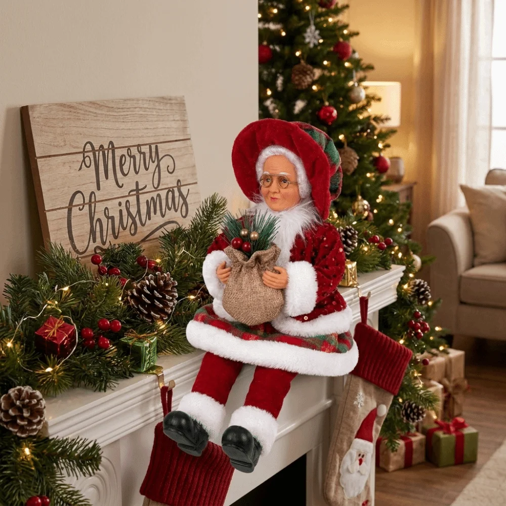 Creative Standing & Sitting Mrs. Claus Christmas Statue Pine Berry Felt Xmas Figurine Faux Wool Red Plaid Sequin Ornament Home